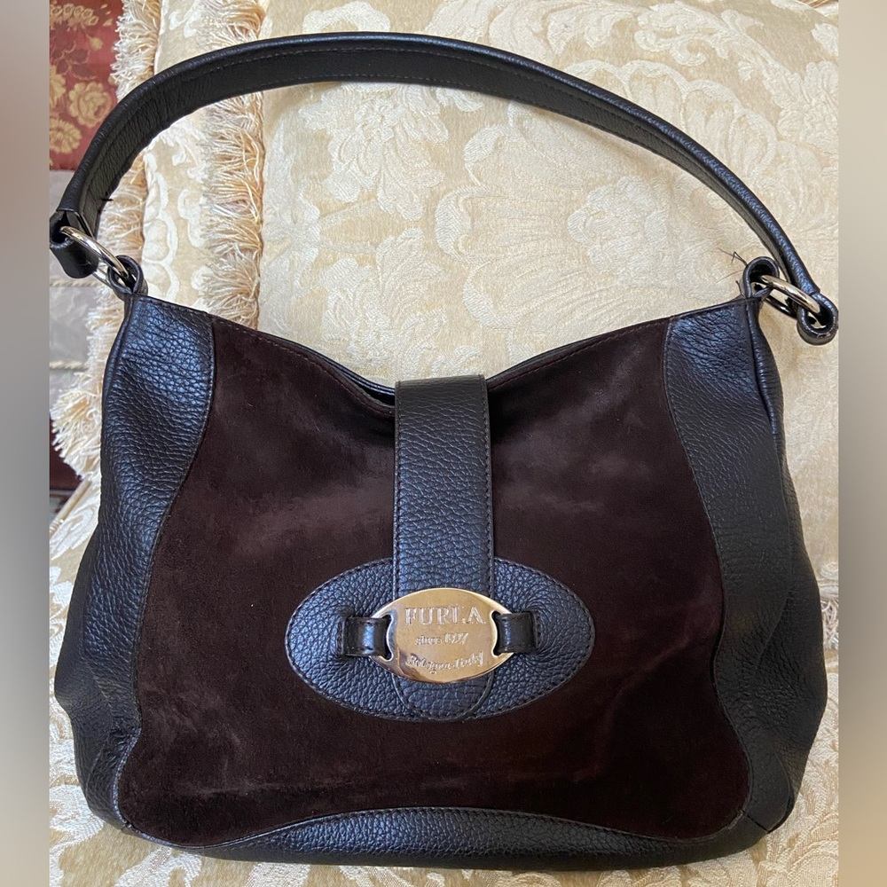 🇮🇹FURLA Coffee Brown Leather & Suede Shoulder Bag - Made in Italy 🇮🇹🇮🇹🇮🇹